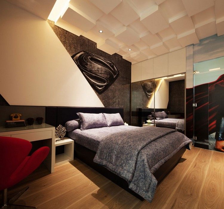 modern-tak-design-exempel-sovrum-ungdoms-rum-superman-skylt-vägg
