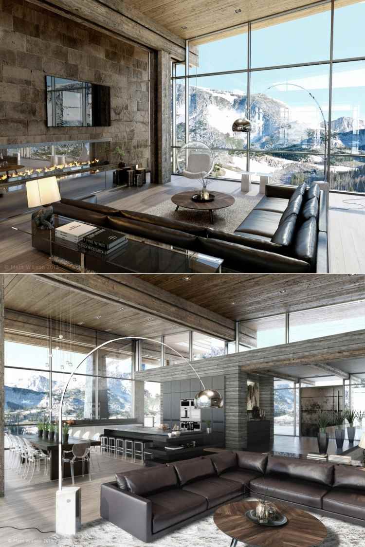 vardagsrum-möbler-chalet-stil-golv till tak-glas-stenmur