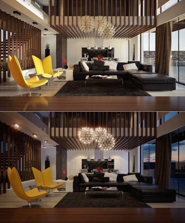 Exempel på inredning av vardagsrummet -svart-vit-gul-accenter-designer-taklampor