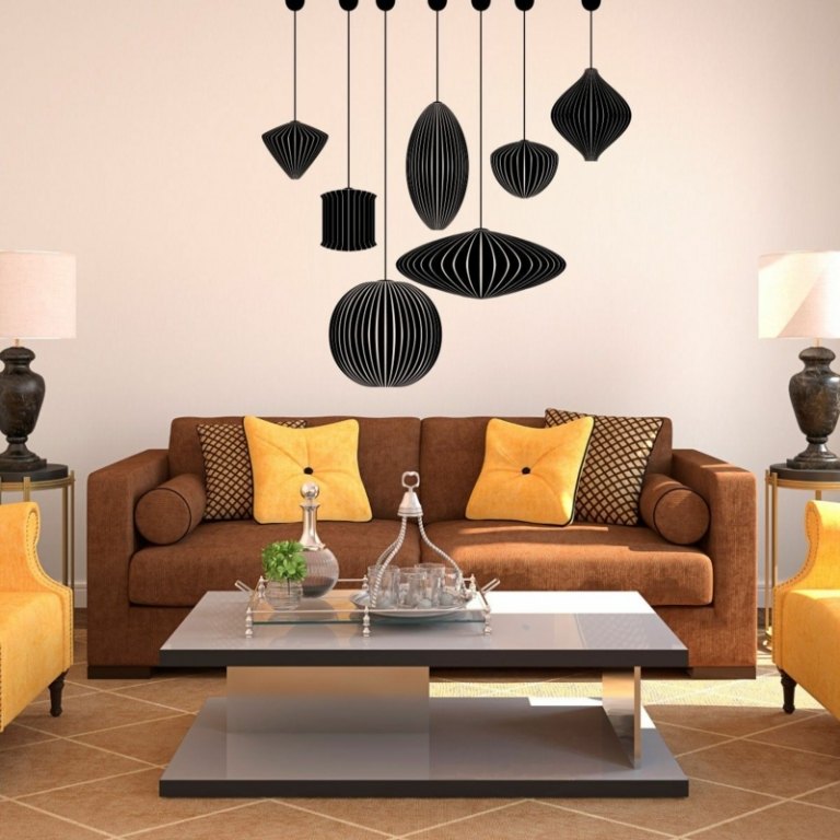 belysning idéer hängande lampor grupp svart vardagsrum brun soffa