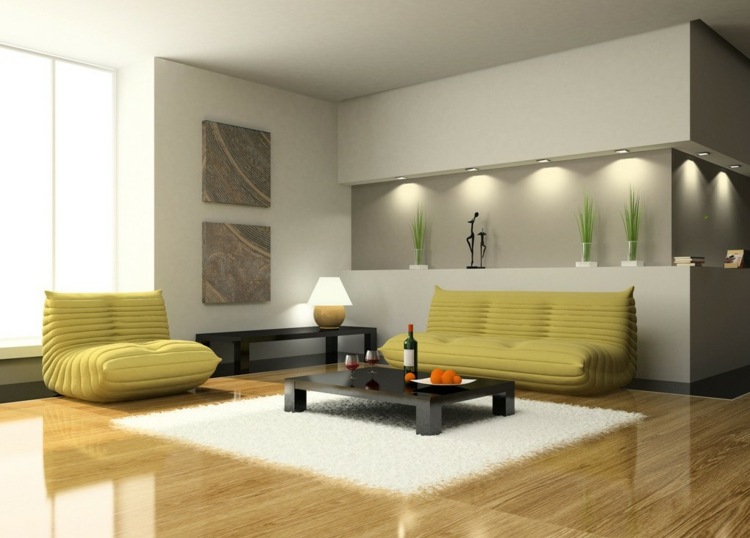 belysning vägglampor gul soffa matta parkett