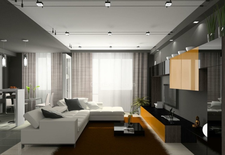 vardagsrum ljus lampor tak vägg enhet gul vit soffa