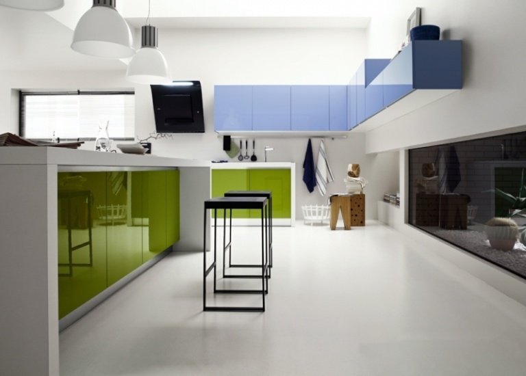 bästa färgen för köket modern-högglans-grön-svart-blå-pall-metall