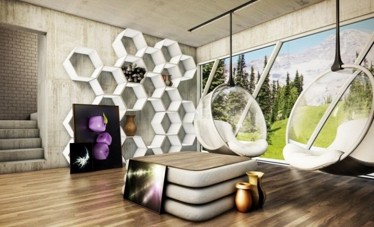 betong-design-modern-futuristisk-rymd-bubbla-stol-deco-modul-vägg-hylla-stora fönsterfronter