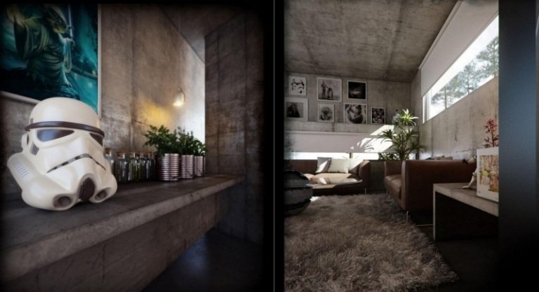betong-design-modern-öppen-accenter-deco-hylla-exponerad betong-soffa-läder-brun