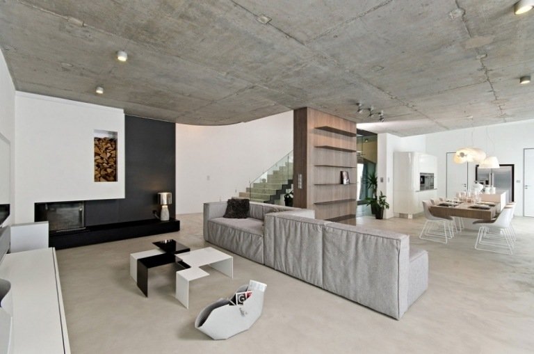 betong-design-moderna-öppna-ytor-matbord-integrerad-öppen spis-modul-soffa-soffbord-samtida
