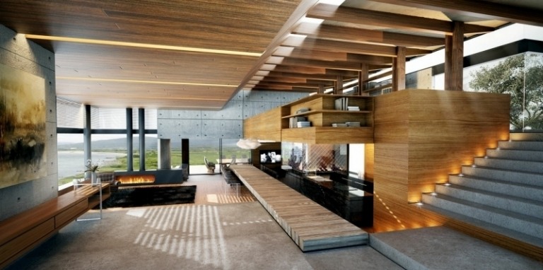 betong-design-moderna-öppna-utrymmen-trä-tak-trappor-fläckar-dekorativa-öppen spis-fönster-fronter