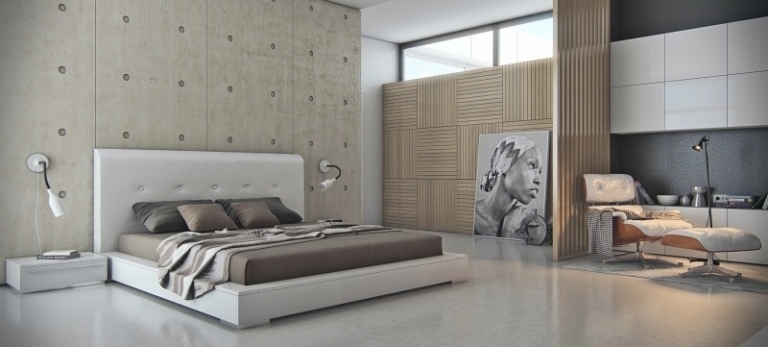 betong-design-moderna-sovrum-betong-vägg-paneler-väggbeklädnad-bild-säng-fåtölj-öppen