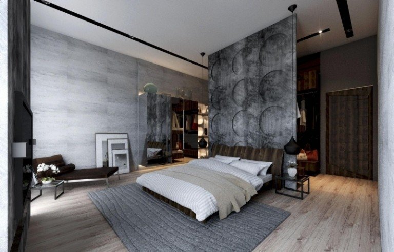 betong-design-moderna-sovrum-deco-säng-trä golv-solstol-daybed-room divider