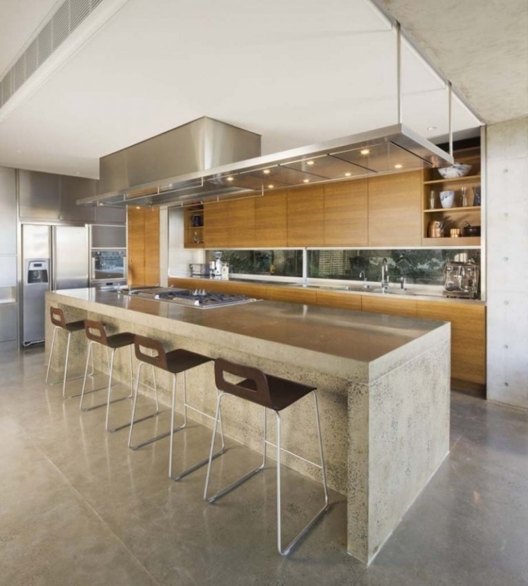 betong-design-modernt-kök-kök disk-pall-skåp fronter-trä-rostfritt stål-fläckar