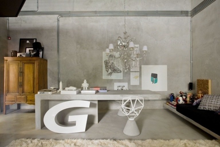 Betongdesign -moderna-studie-skåp-antika-arbetsbord-ljuskrona-stol-bilder
