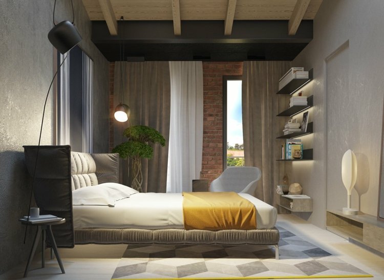 Betongfärg sovrum-tegelvägg-grå-stoppad säng-matta-geometrisk