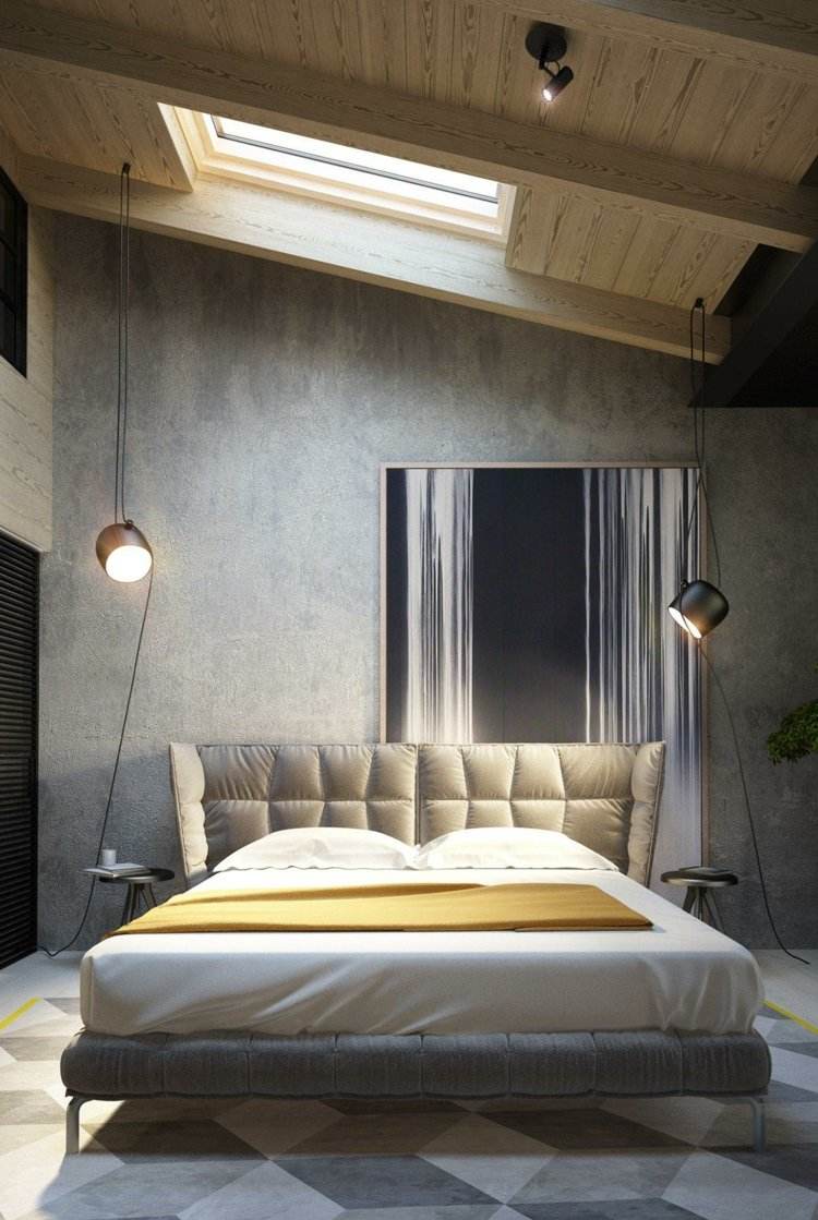 Betongfärg sovrum-vägg design-betong utseende-grå-stoppad säng