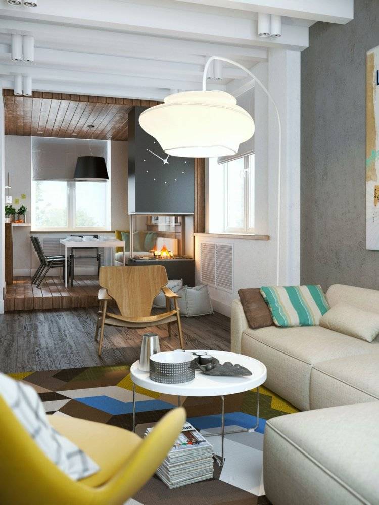 betong-färg-kök-vardagsrum-betong-look-trägolv-gul-fåtölj