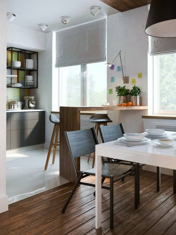betong-färg-kök-trägolv-svart-underskåp-vitt-matbord