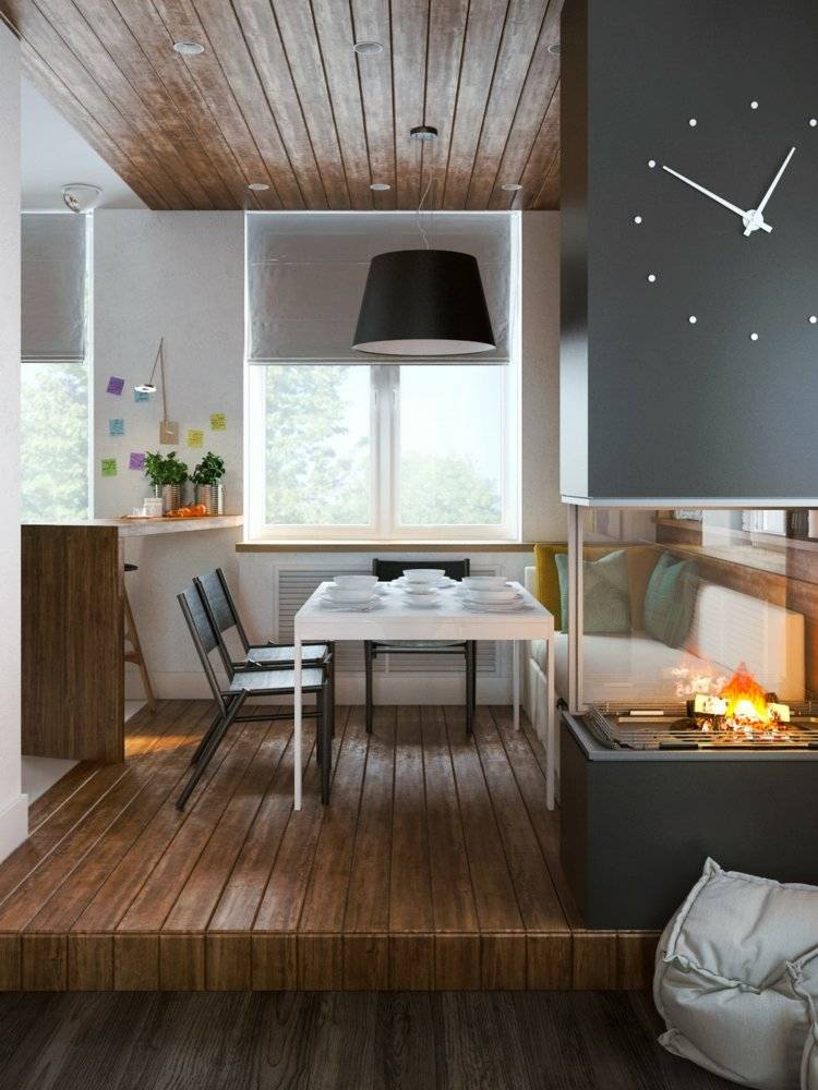 betong-färg-kök-matplats-trägolv-vitt-matbord-svart-stol