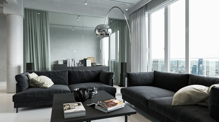 betong-färg-vardagsrum-svart-soffa-soffa-bord-spegelvägg