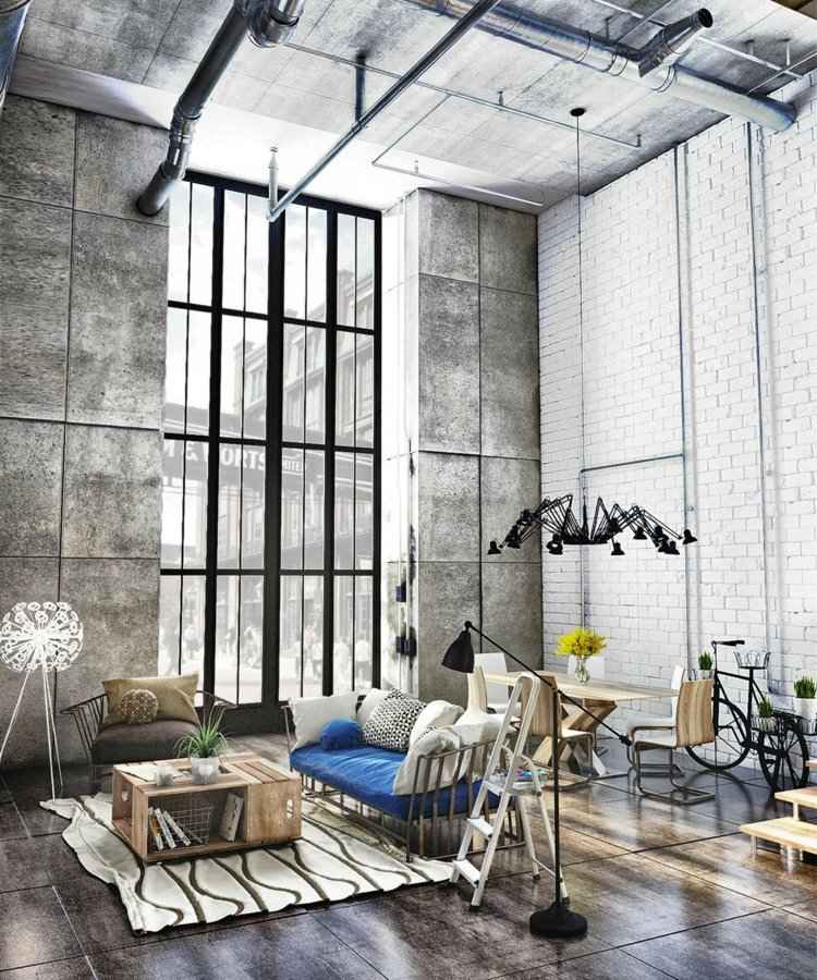 betong-färg-vardagsrum-väggbeklädnad-betong utseende-golvplattor-blå-soffa