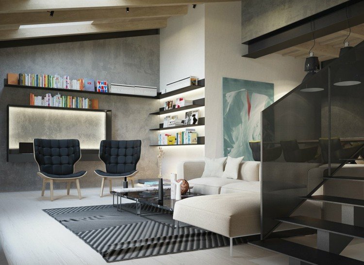 Betongfärg vardagsrum-vägg färg-betong-look-beige-soffa-svart-fåtölj