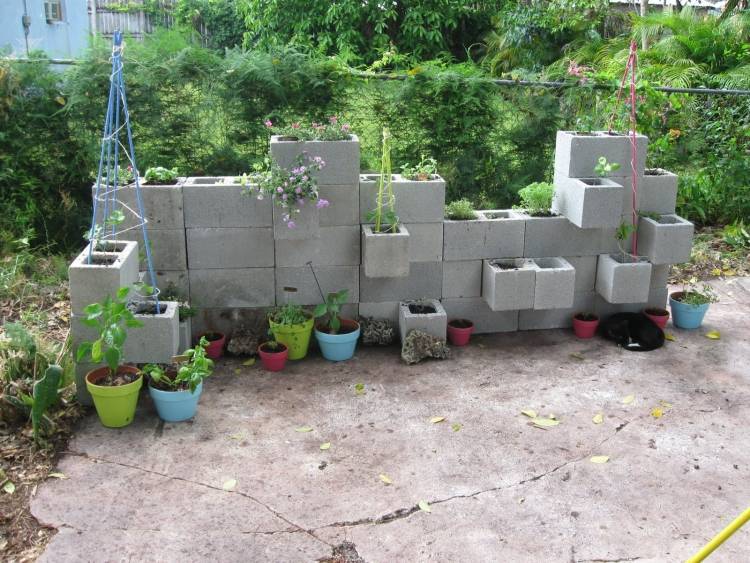 betong-kalyx-stenar-trädgård-vägg-blomkrukor-klätterväxter