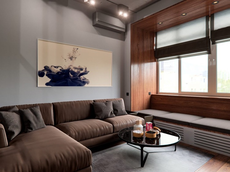 Betong och trä -elegant-vardagsrum-hörnsoffa-läder-bild