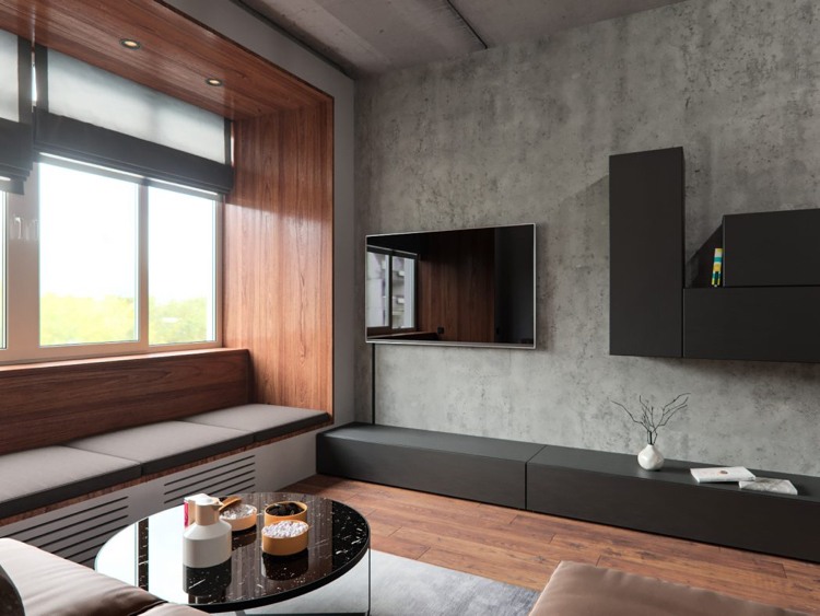Betong och trä -elegant-vardagsrum-vägg-enhet-tv-fönsterbrädan
