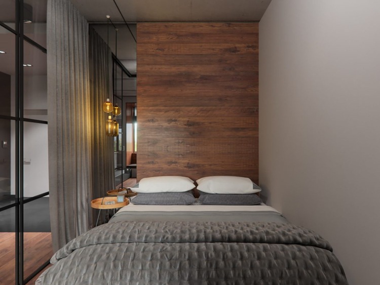 Betong och trä -elegant-sovrum-liten-väggbeklädnad-gardin