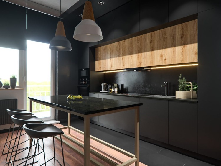 betong-trä-elegant-modernt-schwraz-inbyggt kök-modern-lägenhet