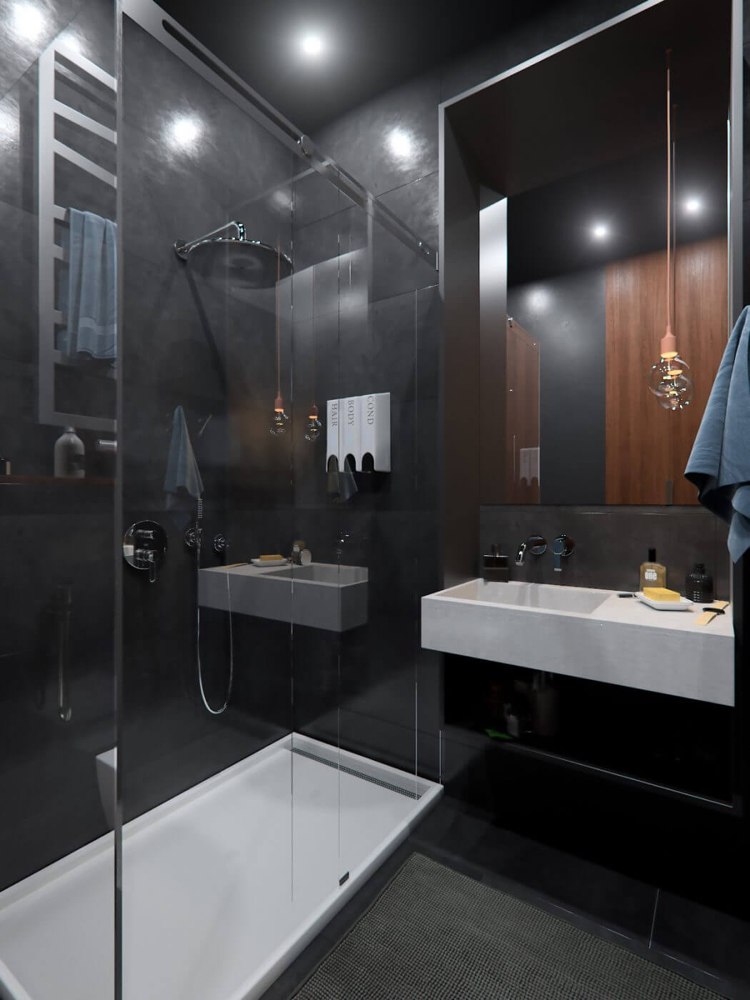 betong-trä-elegant-badrum-regndusch-glasvägg-duschbricka