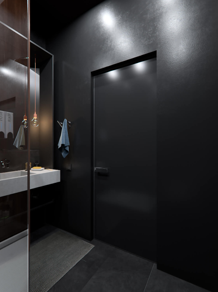 betong-trä-elegant-badrum-vägg-färg-svart-dörr