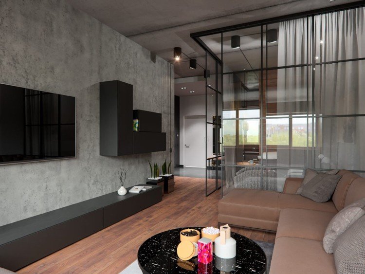 Betong och trä -elegant-vardagsrum-skiljeväggsglas-soffa