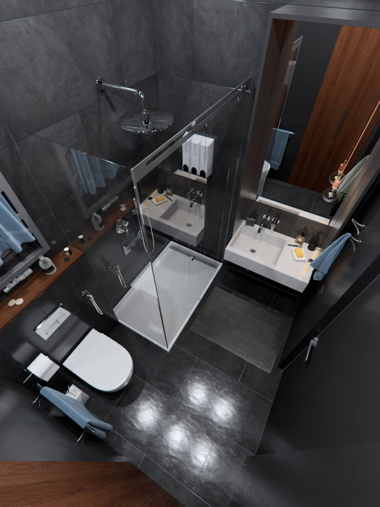 betong-trä-elegant-badrum-dusch-glas vägg-liten