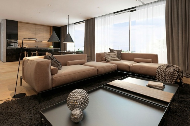 väggpaneler-betong-soffbord-svart-metall-beige-canape-golvlampa-taklampor