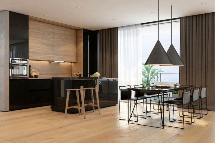 väggpaneler-betong-kök-design-trä-svart-hängande lampor-svart-modern-matplats