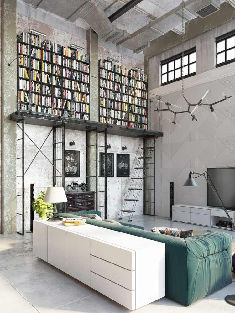 loft bokhyllor betonggolv ljusa betongväggar