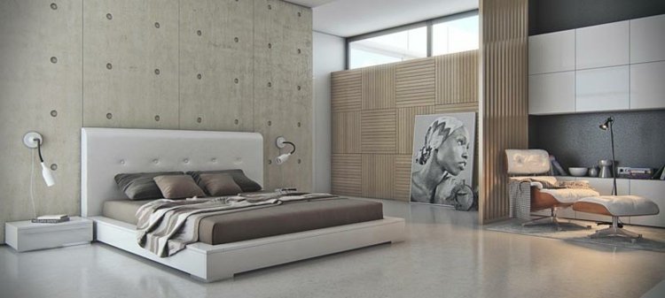 betong-vägg-gör-det-själv-betong-paneler-sov-område-koppla av-fåtölj-bild-trä-väggbeklädnad-skåp