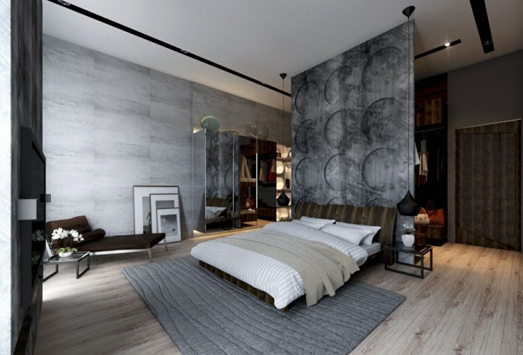 betong-vägg-gör-det-själv-sovrum-säng-solstol-tv-betongpaneler-tapeter-vägg-design-betong-look