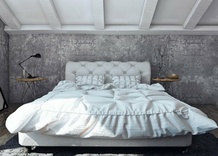 betong-vägg-gör-det-själv-sovrum-säng-bord-nattlampa-sluttande tak-tapeter-vägg gips-betong utseende