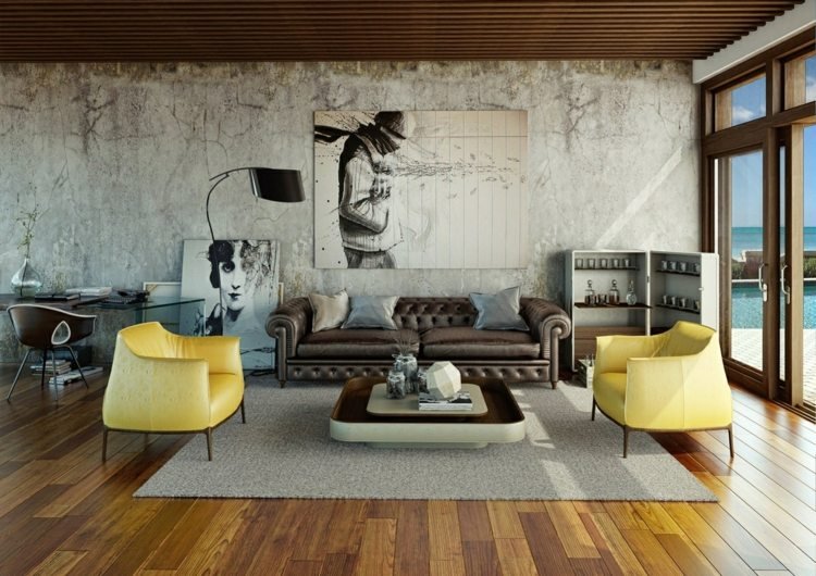 Gör betongvägg själv tapet-tecken på användning-bilder-läder soffa-fåtölj-gul-matta-trä lameller-tak-soffbord