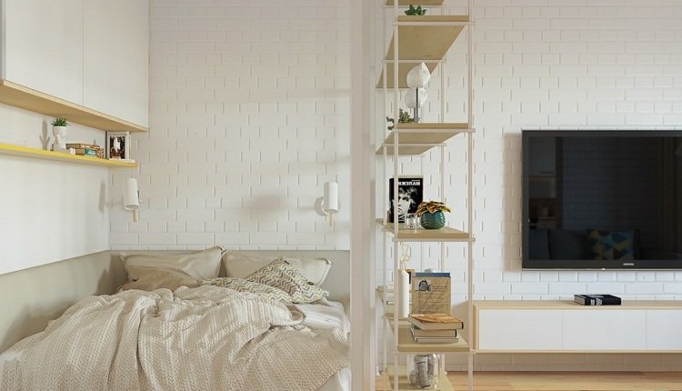 säng-vardagsrum-integrera-vit-tegel-vägg-idé-inredning-en-rum-lägenhet