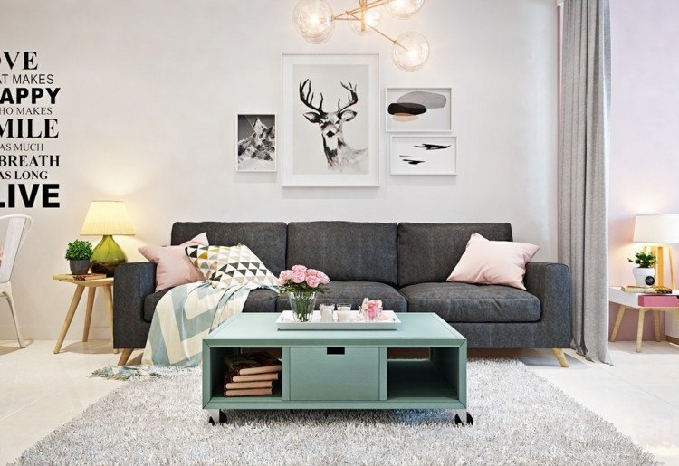 säng-vardagsrum-integrera-grå-soffa-soffbord-mynta-ren-vägg-dekoration