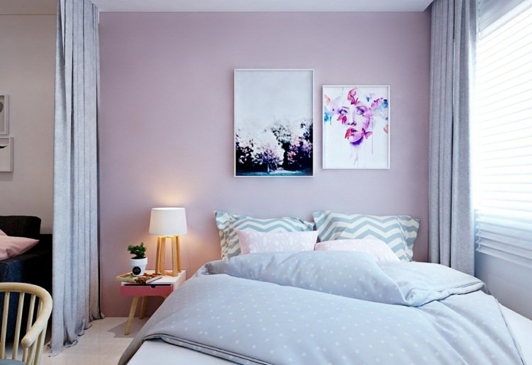 säng-vardagsrum-integrera-feminint-rosa-sov-område-väggmålningar-sicksack-kuddar