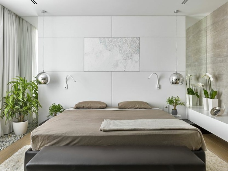 säng-utan-sänggavel-sovrum-accent-vägg-vit-växt-sten-kakel