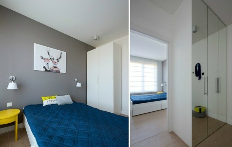 säng-sänggavel-färg accenter-blå-gul-sängbord-grå-vägg-färg-vit-möbler-modern