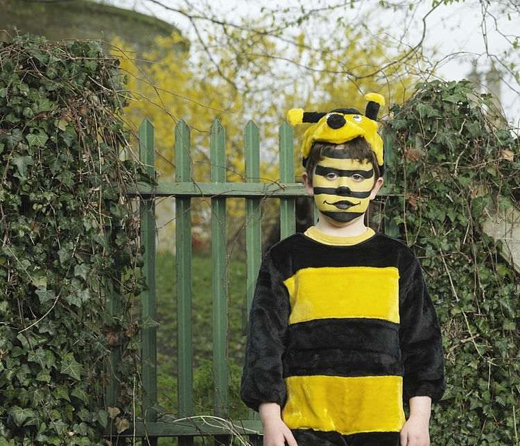 pojke som ett bi som applicerar sminkdräkt ansiktsmålningsränder