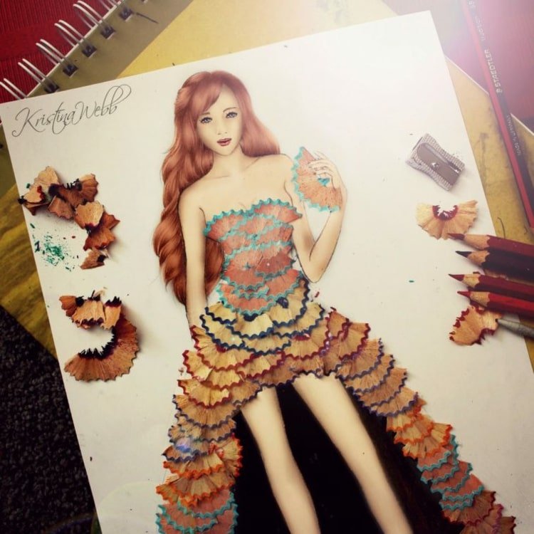 Professionella träbilder för att rita talanger - kvinna med färgstark klänning och fläkt