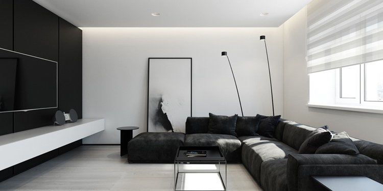 Bilder för vardagsrum -minimalistisk-svart-vit-soffa