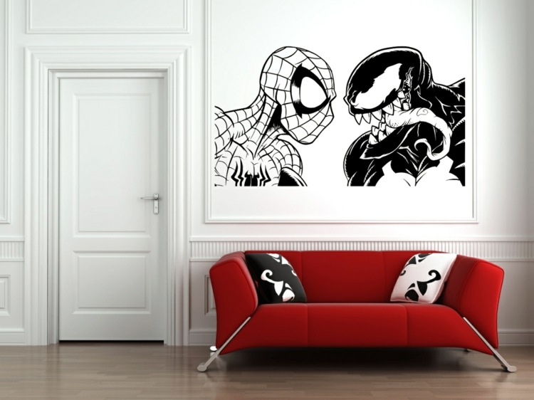 storformat svartvitt väggkonst soffa vita väggar spiderman