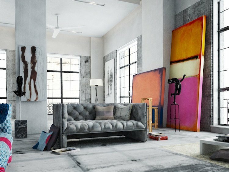 överdimensionerade väggkonst loft lägenhet bilder grå skluptur