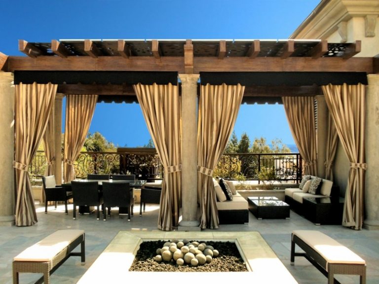 terrass design medelhavs gardiner baldakin pergola öppen spis
